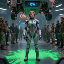 girl in the sci - fi suit, people crowd, spaceport, landing gear, gray colour 7 0 %, orange colour 1 0 %, blue lights and glow 2 0 %, green sharp pattern on the floor, avatar, cinematic keyframe. by fausto de martini, wadim kashin. ultra realistic, cinematic light, ue 5, featured on artstation, octane render, sharp focus, ray tracing, artstationhq, cgsociety, cinematic 8 k.