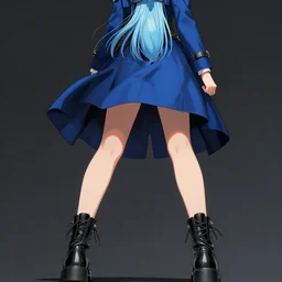low - angle shot from behind of a girl with light blue straight hair in a blue tailcoat, combat boots, noir, sharp focus, intricate, illustration, cell shaded, color block, digital painting, highly detailed, art by frank frazzeta, studio quality, makoto shinkai, james jean