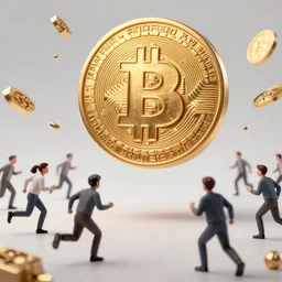 people running away scared from a giant with bitcoin head, cinematic, 3D art, hyper-realistic, cryptocurrency, 8k