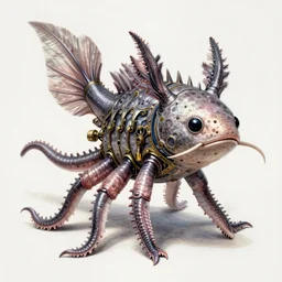 steampunk axolotl tentacle fish, masterpiece, intricate, elegant, highly detailed, digital painting, smooth, sharp focus, illustration, art by james gurney, graeme base, brian froud, alan lee