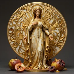 masterpiece ultrarealistic ultradetailed stefan gesell medium shot statue wooden robot of slime catholic veiled lady beside rotten fruit still life, intricate, elegant, dramatic lighting, greg rutkowski, immerse, 2 3 th, special effects makeup, maximalist, glittering, gold, ivory, hyperreal, golden ratio, alphonse mucha
