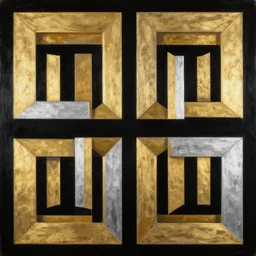 symmetrical geometry shapes, award - winning painting, expensive, abstract, gold and silver shapes, filled rectangles, geometry, elegant, luxurious, beautiful, pitch black background, dali