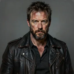 hugh laurie, gritty, dark, beard, wearing a leather jacket, hyperrealistic, very detailed painting by Glenn Fabry, by Joao Ruas, by Artgerm