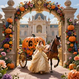fairytale princess entering the gates of her majestic palace of flowers , with horse driven , carriage made of pumpkins , epic scene unreal render hyperrealistic detail Star Wars fantasy art behance