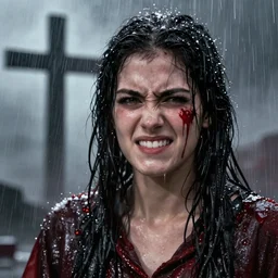 impudent facial expression of a shameless woman, impudent facial expression of shameless woman, atmosphere of bloody rain, shadow of the cross,  trending on artstation, highly detailed, digital painting, volumetric light, concept art, sharp focus, illustration