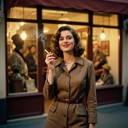standing portrait of ecstatic coi leray looking into the camera standing smoking a cigarette, warm street lights store front, 1 9 6 0 s technicolor, intricate, moody, personal, highly detailed, short focus depth, donato giancola, joseph christian leyendecker, frank frazetta, alex horley, ralph horsley, michael whelan, 2 0 0 mm focal length