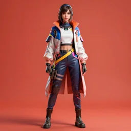 full body portrait view high quality render realistic high detail cinematic digital concept art of a young woman dressed in stylish future clothing with face visible by artgerm and greg rutkowski and marc simonetti, valorant, fortnite, artstation trending, vibrant colour and blank background,