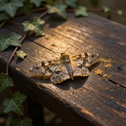 moth on a dark wooden table covered with ivy, matte painting, dust, volumetric lighting, desktop wallpaper, golden hour, 8k, 4k, artstation, award winning shot