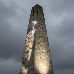 Lighting strikes a Tapered stone monument, High contrast with Dynamic Lights and Shadows, Overcast Sky, Rendering, Octane, Redshift, 8k