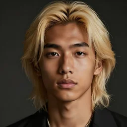 beautiful Black and Japanese boy with blonde shoulder length hair