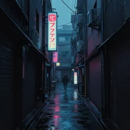 Cyberpunk back alley with minimal number of neon lighting on a rainy day in Japan, low angle view, detailed matte painting, cinematic, Moebius, Artstation