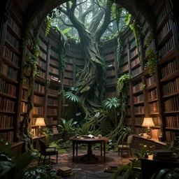 decaying interior of an ( ( old library ) ) with a rainforest growing inside, highly detailed, night scenery, intricate detail, beautiful 3 d rendering, octane render, hyperrealistic, trending on artstation, by greg rutkowski and simon stalenhag