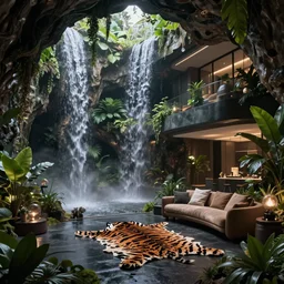 a futuristic apartment interior in the style of a waterfall cave, plants, tiger skin carpet high ceiling, dark moody lighting, foggy atmosphere, 16mm lens, by craig mullins, octane rendering
