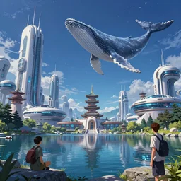 japan in a science - fiction style by the lake, with gigantic futuristic buildings, a whale in the sky, midnight, andreas rocha, krenz cushart, artstation, concept art, smooth, sharp focus, 8 k, octane render, volumetric, vivid, beautiful, hyperrealism
