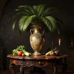 a large vase with palms on top of a antique wooden table, vegetables on table and candle, medieval antique concept art, cinematic lightning and colors, vray tracing, rendered in unreal engine, dark lightning, contrast shadows, super detailed, 8 k