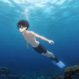 anime boy freediving underwater, trending on pixiv, artstation