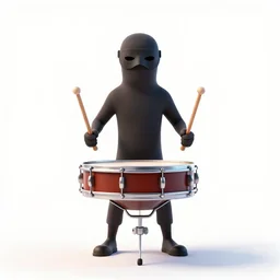 masked drummer with sticks, stylized pixar-style 3d render, full body, standing, isolated on a pure white background, centered, whole figure in frame, sharp focus, studio lighting