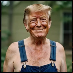far view, extremely skinny malnourished donald trump, wearing dirty overalls, dirty greasy face, grin, portrait, close up, kodak gold 2 0 0, 5 0 mm,