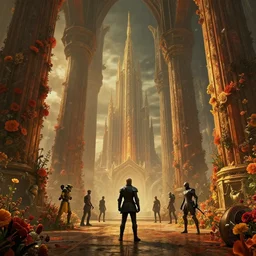 a cinematic view ofnokron, eternal city, elden ring, harold newton, zdzislaw beksinski, donato giancola, warm coloured, gigantic pillars and flowers, maschinen krieger, beeple, star trek, star wars, ilm, atmospheric perspective