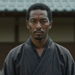 a film still of a black man starring in a japanese blockbuster film as ancient samurai, battling against alien creatures, shallow depth of field, cinematic, award winning cgi, vfx, film still