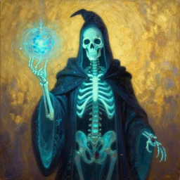 Bioluminescent, portrait of skeleton wizard with orb,  very intricate , trending on artstation , very elegant, in the golden hour by Daniel Merriam, Trending on Artstation, oil on Canvas by Elena Zhurikhina and Goro Fujita and Charlie Bowater, octane render, 4k, 8k, HD