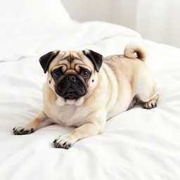 water color of a cute pug lying on a massive bed, extremely detailed, sharp focus, wide view, full body shot, smooth, digital illustration, by rossdraws, frank franzzeta, mcbess, sakimichan, james jean