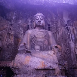 huge stone buddha statue on a cliff, 8 k, moody, purple water, intense color, highly detailed, dream landscape, violet fog, wide, high color saturation,