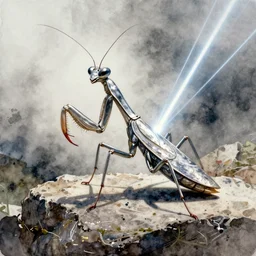 concept art of a mantis insect, pinterest, artstation trending, behance, watercolor, by coby whitmore, silver, laser light,