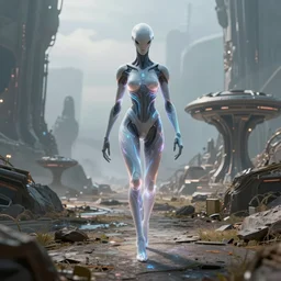 in a vast strange detailed alien landscape, a humanoid alien made of glowing flowing energy wearing sleek advanced but simple body armor walks towards an outpost, dramatic lighting, 8 k cg render, trending on artstation