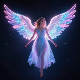 a beautiful angel floating in space with neon wings