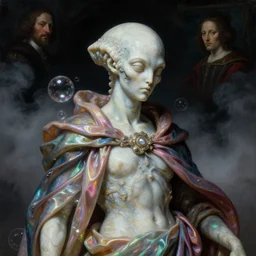 a baroque neoclassicist close - up portrait of a futuristic marble statue of an colorful lovecraftian alien wearing a cloak surrounded by glowing bubbles. iridescent and reflective silk. foggy black background with dark puffy clouds. glowing renaissance portrait painting. sci - fi retrofuture. highly detailed science fiction painting by norman rockwell, frank frazetta, syd mead and moebius. rich colors, high contrast, gloomy atmosphere, dark background. trending on artstation.