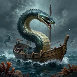 a dramatic rendition of a sea serpent attacking a small medieval boat on the ocean, coralworm, dramatic composition, cinematic, concept art, matte painting, Marc Simonetti, Sergey Vasnev, Anato Finnstark, artstation, 8k, high resolution