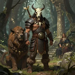 portrait of fantasy human savage barbarian warrior wearing ancient barbarian armor, mask made from animal skull and necklace made from human bones, big beast pet sitting next to him, forest temple in the background, illustration concept trending pixiv fanbox by wlop and greg rutkowski and caravaggio and rosa bonheur, and william harnett