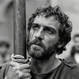 1 9 6 0 s movie still of marcus atilius regulus tied at pole with blood flowing off his eyes, cinestill 8 0 0 t 3 5 mm b & w, high quality, heavy grain, high detail, texture, dramatic light, anamorphic, hyperrealistic, detailed hair