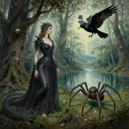 a woman with a dragon like body, by anne stokes and kaja foglio, a black bird with a yellow beak, by esao andrews, a giant spider crawling through a forest next to a lake, by michael komarck and john howe, lovecraftian, steampunk heaven, artstation hd, d & d, detailed painting, i dream of the machine