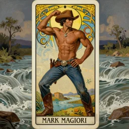 a dramatic, epic art deco painting of a handsome brown-skinned shirtless cowboy in a confident pose | background is a torrential flooding river | tarot! card, art deco, art nouveau | by Mark Maggiori | trending on artstation
