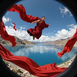 a fisheye lens shot on full - frame camera of tibetan monk flying over himalaya mountains lake in weightlessness in traditional red cloth. a lot of flying red fabric around, sky and cloth fabric reflected in blue lake water. illustration by craig mullins, yoji shinkawa, trending on artstation, peter mohrbacher, hyper detailed, intricate, elite, ornate,