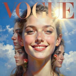 3 d, sci - fi, close - up, morning, smiling fashion model face, sun, cinematic, clouds, sun rays, vogue cover style, poster art, blue mood, realistic painting, intricate oil painting, high detail illustration, small roses, figurative art, multiple exposure, poster art, by tooth wu and wlop and beeple and greg rutkowski