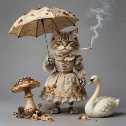 photographic portrait of sad max ernst fluffy cat robotic dried melting floral fungus with spiraling cigarette smoke, wearing a dress, holding an umbrella and a swan, in fog, editorial