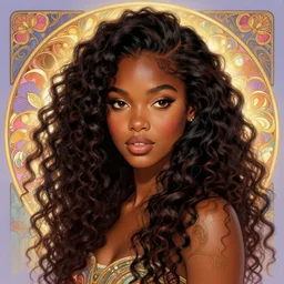 beautiful black girl with long curly hair, cute, intricate, highly detailed, retrowave epic art, digital painting, trending on artstation, concept art, smooth, sharp focus, backlit, rim light, vivid colors, illustration, unreal engine 5, 8 k, art by rossdraws and alphonse mucha