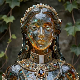 detailed portrait, cosmopolitan priestess, molten glassworks face sculpted features, specular eyes, statuesque, glass skin, fiberglass hair, high collar, opulent, encrusted, jewel, refractions, chiaroscuro, organic impressionism, vine backdrop, natural colors, octane render