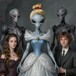 portrait of a grey alien anthropomorphic disney princess in the style of dariusz zawadzki, zdzislaw beksinski, giger, cam de leon, and stephen gammell