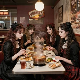 gothic ladies cooking at a denny's, painting by valenceri