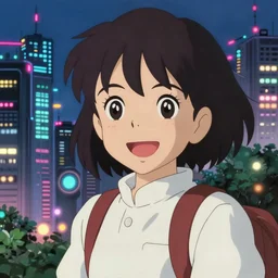anime fine details portrait of joyful school girl stay in front of big cyberpunk city buildings, nature, bokeh, close-up, anime masterpiece by Studio Ghibli. 8k, sharp high quality classic anime from 1990 in style of Hayao Miyazaki synthwave