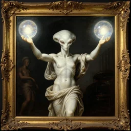 a marble statues of a futuristic alien reaching through an ornately decorated framed painting, arms outstretched, hands holding big glowing orbs, pulp sci - fi art for omni magazine. high contrast. baroque period, oil on canvas. renaissance masterpiece,