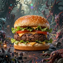 a giant hamburger in an eldritch apocalyptic landscape covered in monstrosities by bekinski, fantasy art, 4k, HDR, photorealistic, 8k, trending on artstation