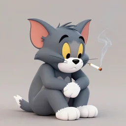 a 3 d model of tom from tom & jerry looking depressed and smoking a cigarette