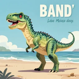 Human-dinosaur hybrid at the beach, pin up style poster