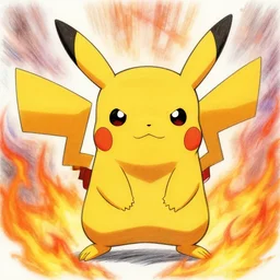 an anime image in the style of pokemon, lightly sketched in pencil. a large, angry - looking pikachu with spiky orange ears comes charging at the viewer from a background sea of flames.
