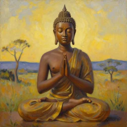 contented peaceful south african!!! woman!!!! buddha, praying meditating, in a scenic environment, detailed, golden hour, expressionist painting by ernie barnes